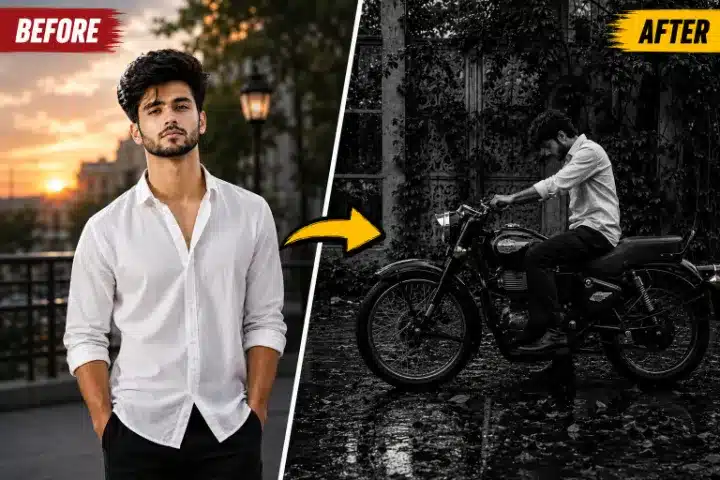 Man sitting on vintage motorcycle